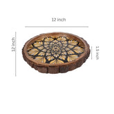 INUS Handcrafted Mango Wood Serving Tray - Round Wooden Floral Vine Design Natural Wood Food Tray for Kitchen & Dining - 12 x 12x 1.5 Inch